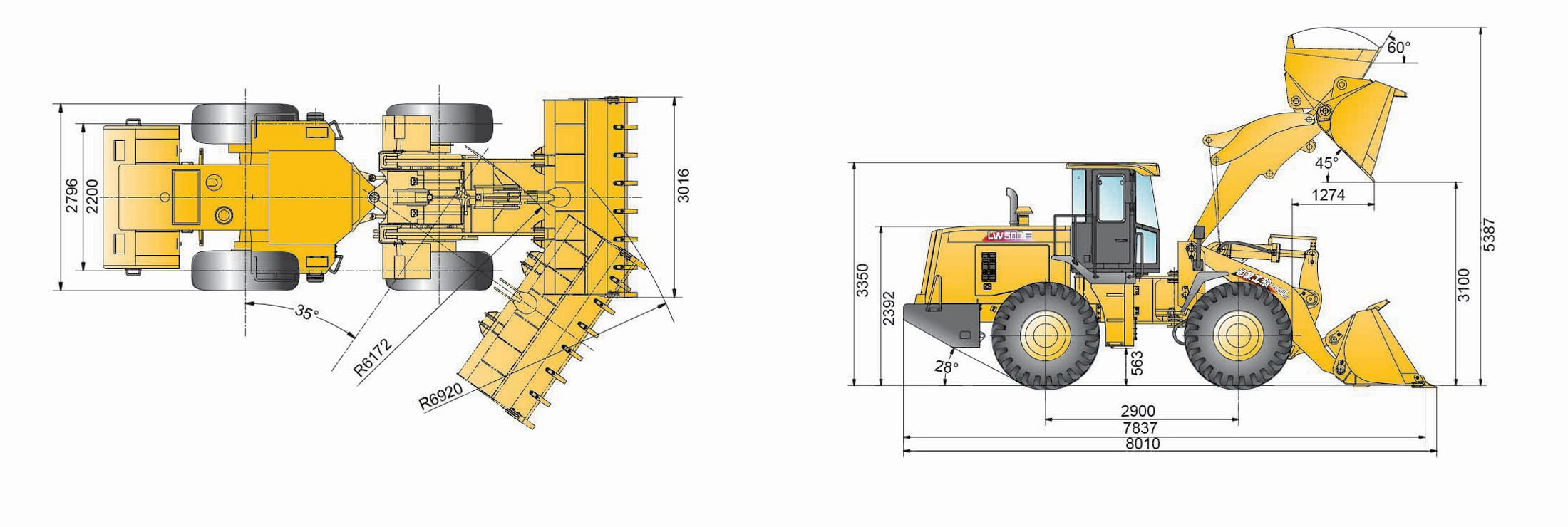 габаритные размеры фронтального погрузчика XCMG LW500f
